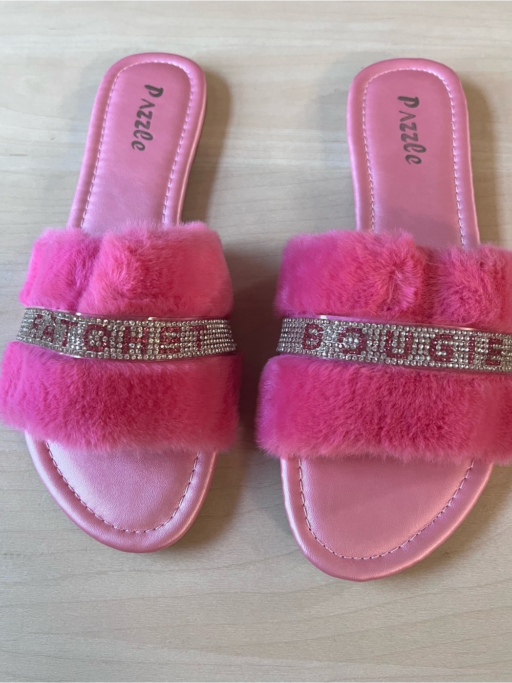 🔥RATCHET AND BOUGIE🔥
Pazzle Hot Pink Faux Fur Slide Sandals with Rhinestone Trim